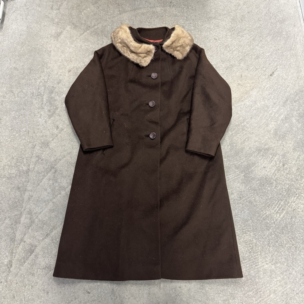 60's Women's ILGWU Brown Wool Coat Fur Collar Vintage Medium Union Made USA